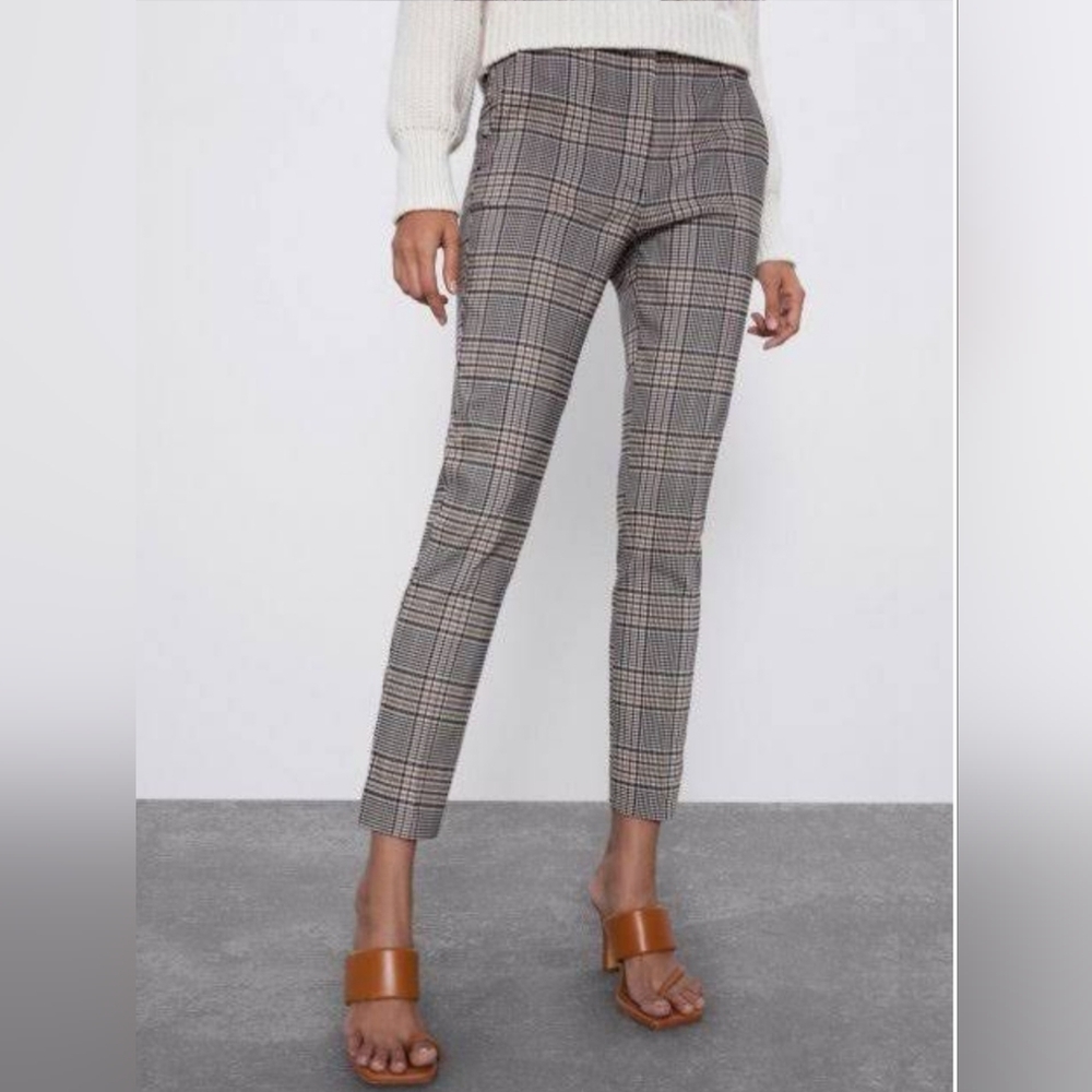ZARA Black & Tan Plaid Flat Front Side Zip Straight leg Trouser/pants Sz M EUC